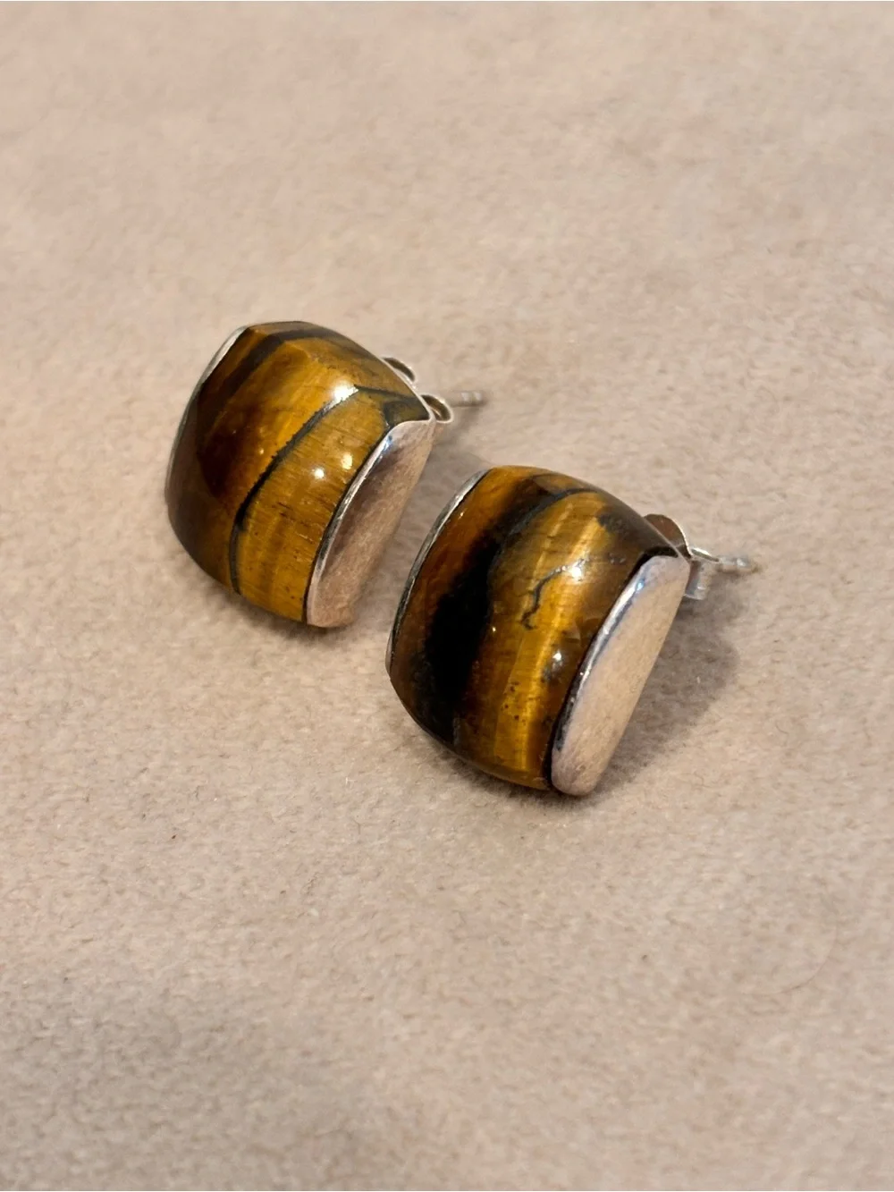 Vintage Designer 925 Sterling Silver Tiger's Eye Stud Earrings